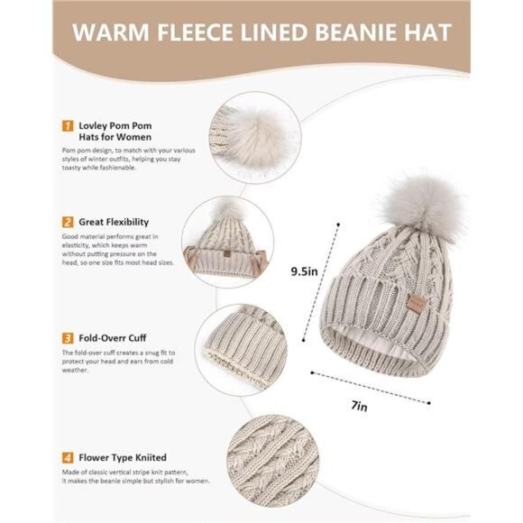 Womens Beanie Hat Scarf Gloves Set, Fleece Lined Winter Hat with Pom Pom, Long - Picture 2 of 6